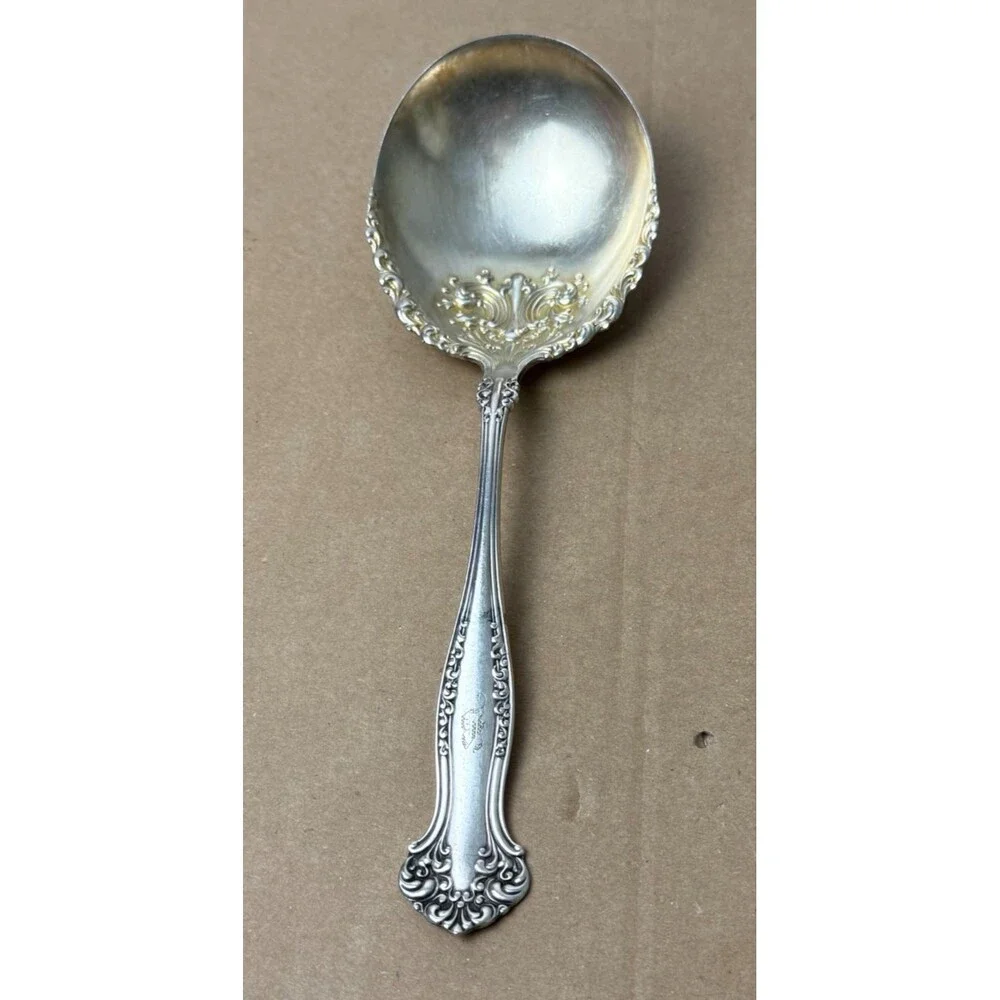 1847 Rogers Bros Antique Avon Berry Serving‎ Spoon Silverplate A1 Gold Wash 1906